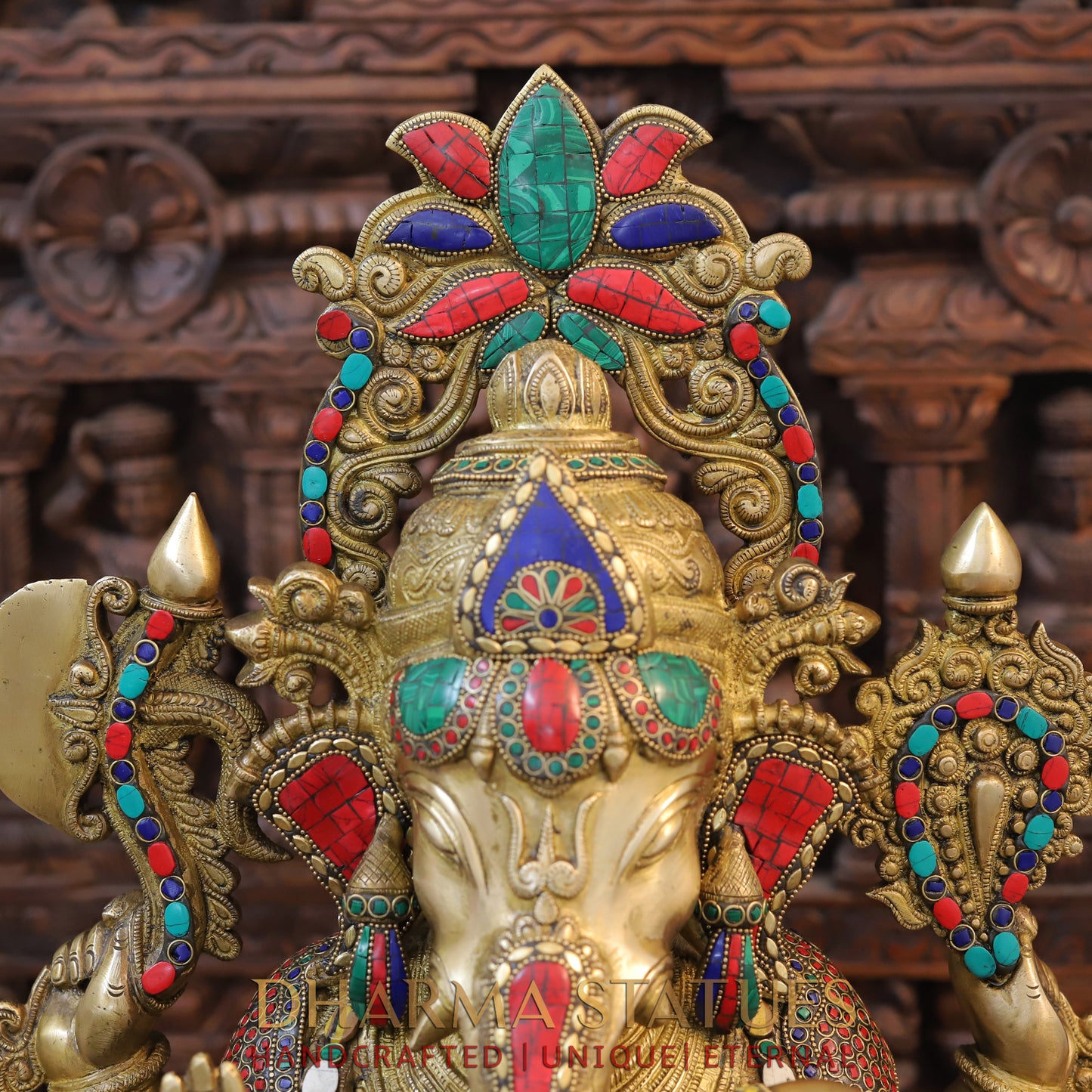 Brass Ganesh Seated with Rat, Golden Finish & Stonework, 24"