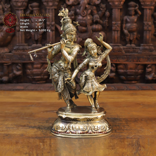 Brass Krishna and Radha in Dancing Moment, Golden Finish, 16.5"