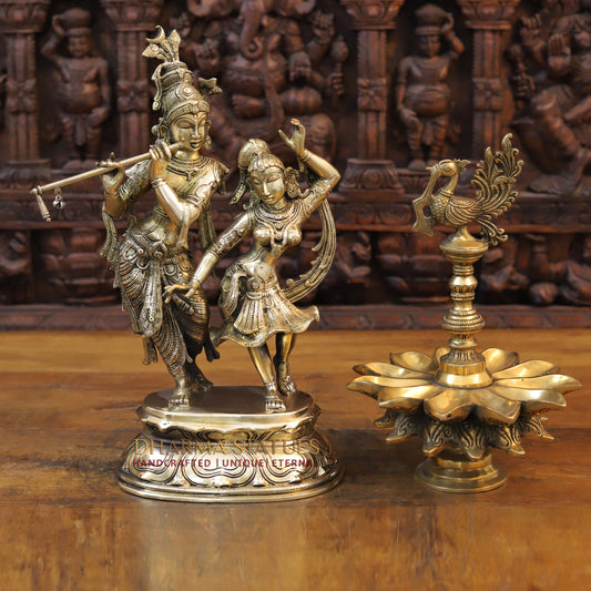 Brass Krishna and Radha in Dancing Moment, Golden Finish, 16.5"