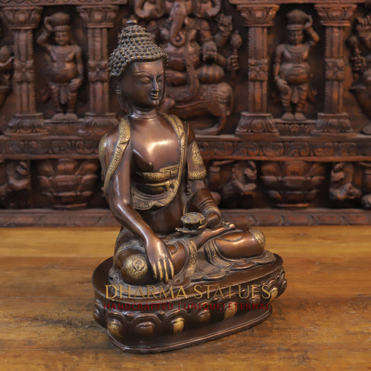 Brass Buddha Sitting in Meditation Position, Copper & Golden Finish, 17.5"