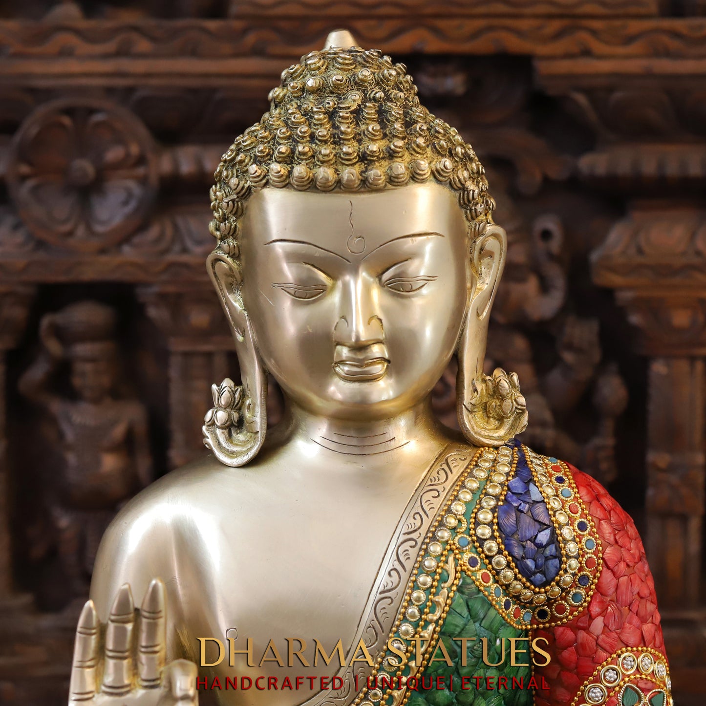 Brass Buddha seated in Blessing Posture, Stonework & Golden Finish, 24"