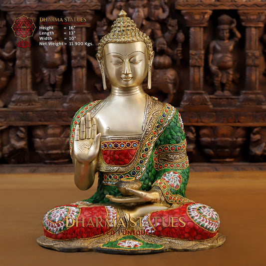 Brass Buddha seated in Blessing Posture, Stonework & Golden Finish, 16"