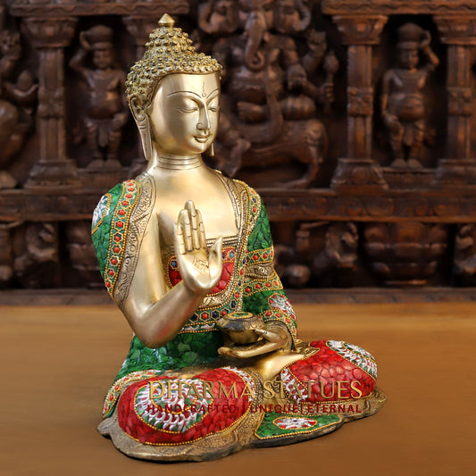 Brass Buddha seated in Blessing Posture, Stonework & Golden Finish, 16"