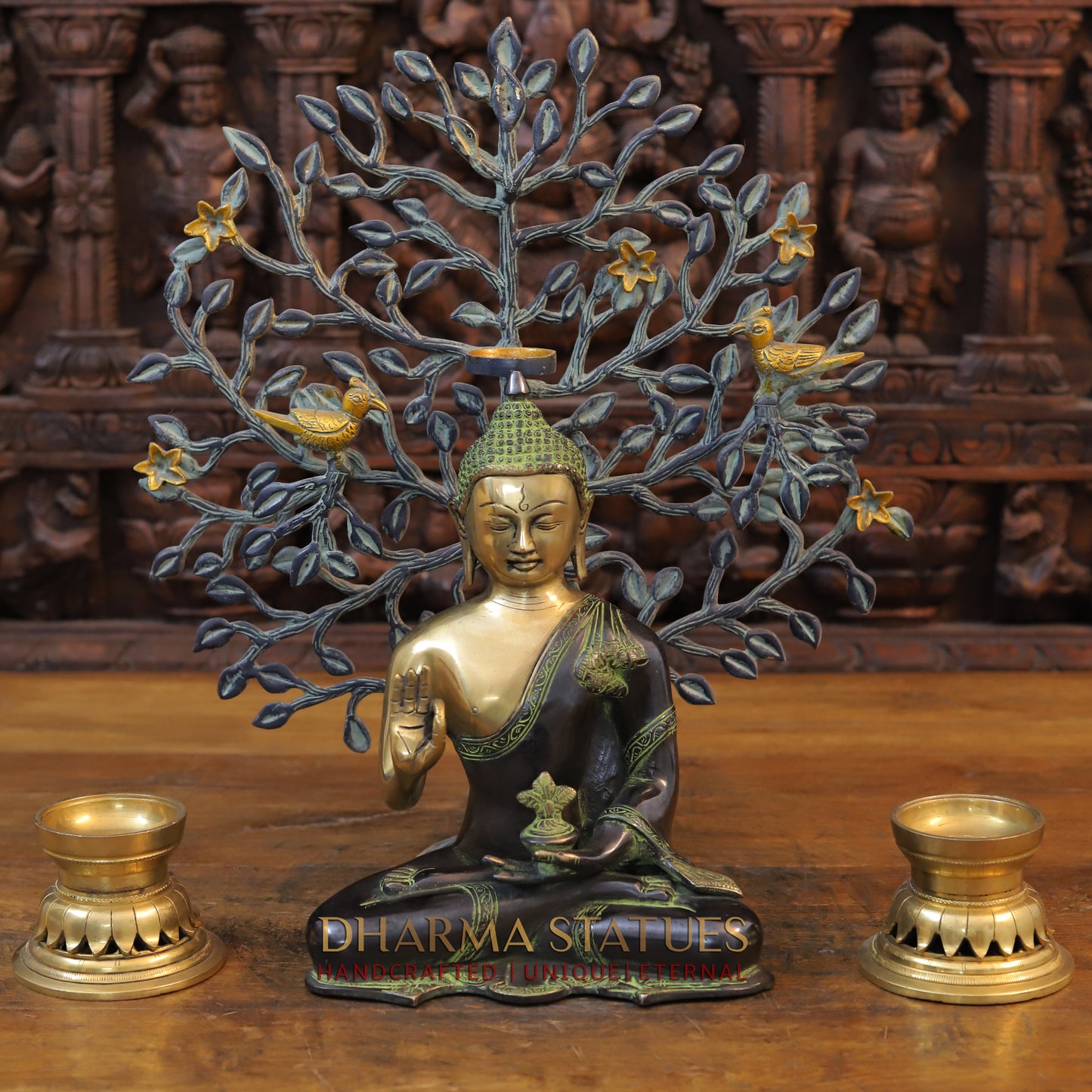 Brass Buddha, Green Tint & Golden Finish, 10.5"