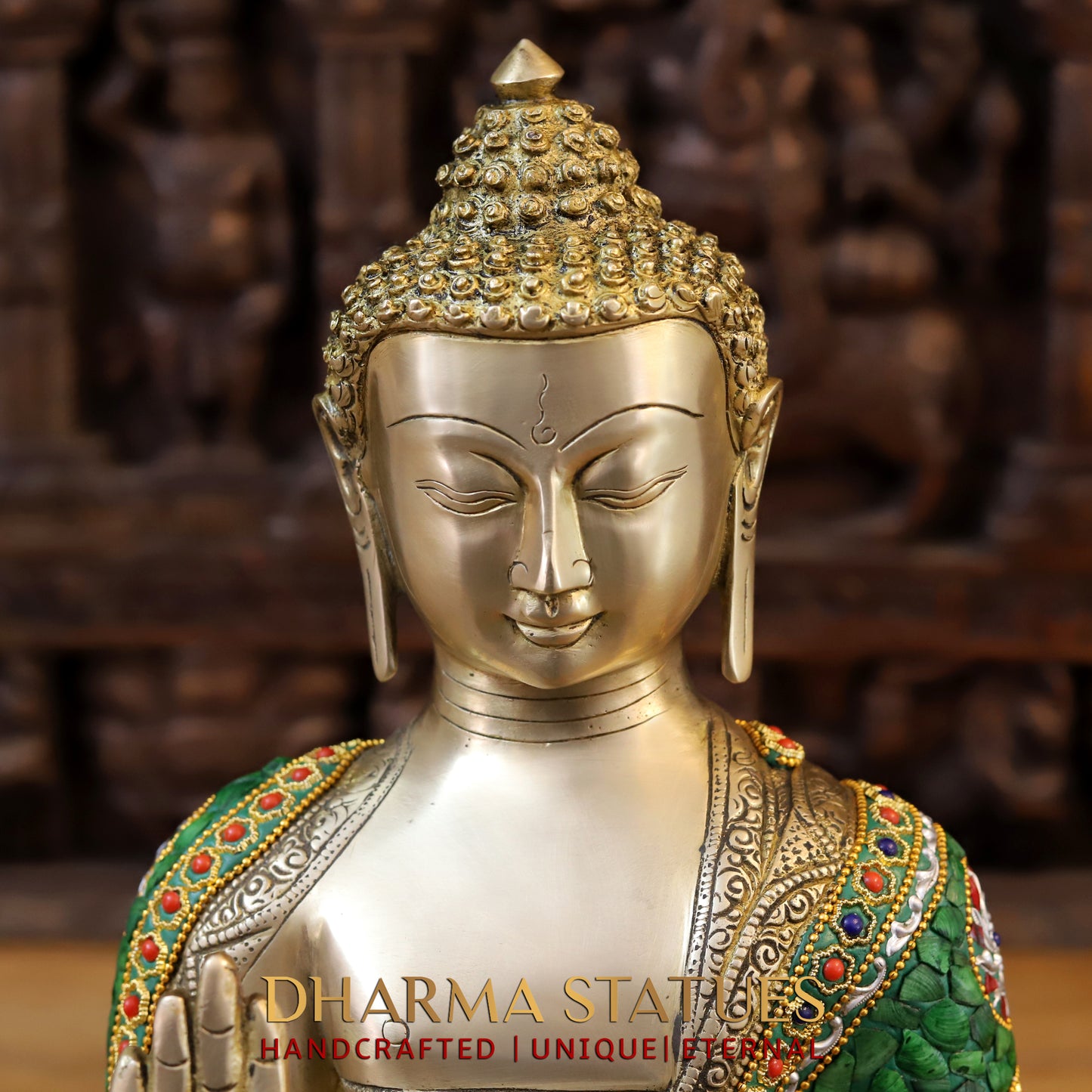 Brass Buddha seated in Blessing Posture, Stonework & Golden Finish, 16"