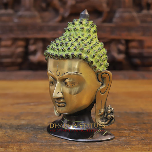 Brass Buddha Head, Green tint & Golden Finish, 8.5"
