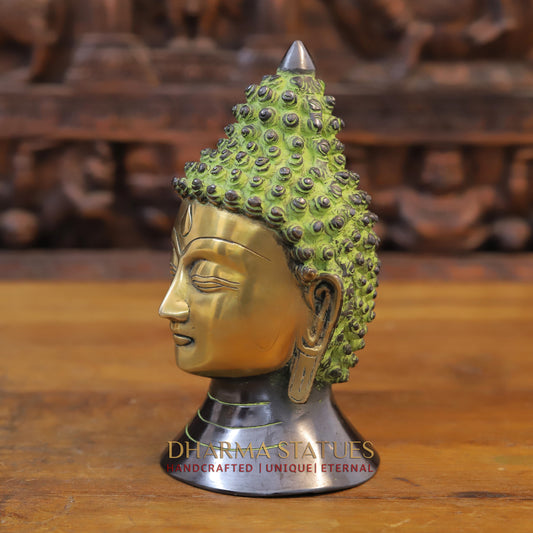 Brass Buddha Head, Green tint & Golden Finish, 8.5"
