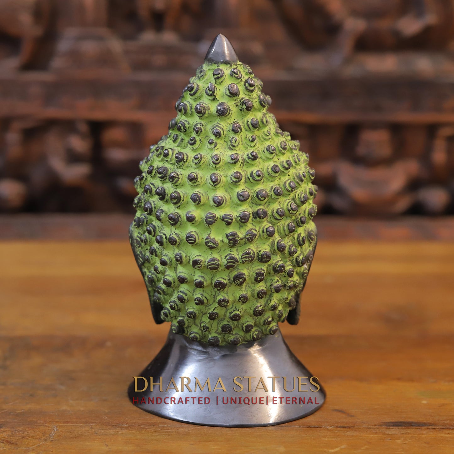Brass Buddha Head, Green tint & Golden Finish, 8.5"