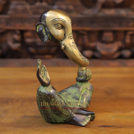 Brass Modern Ganesh Statue, Green tint & Golden Finish, 8"