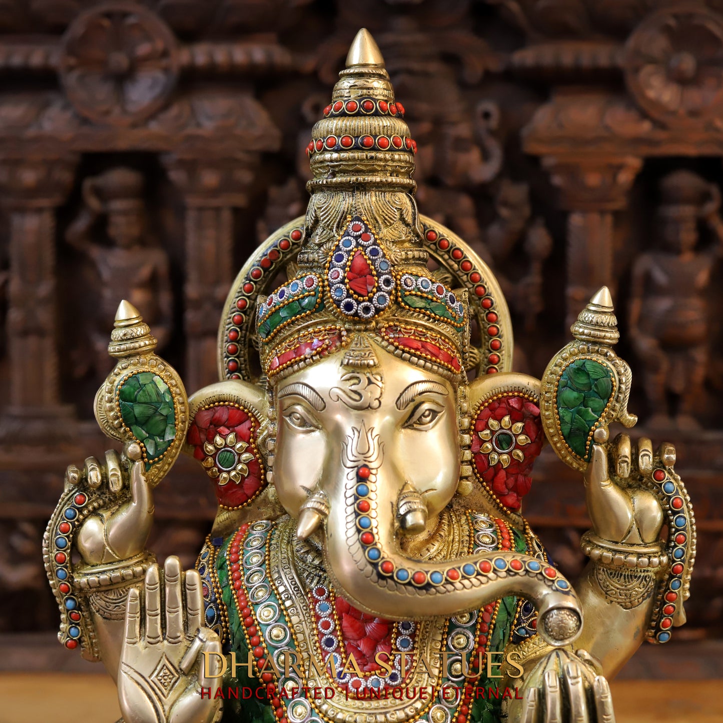 Brass Ganesh seated in Blessing Posture, Stonework & Golden Finish, 20"