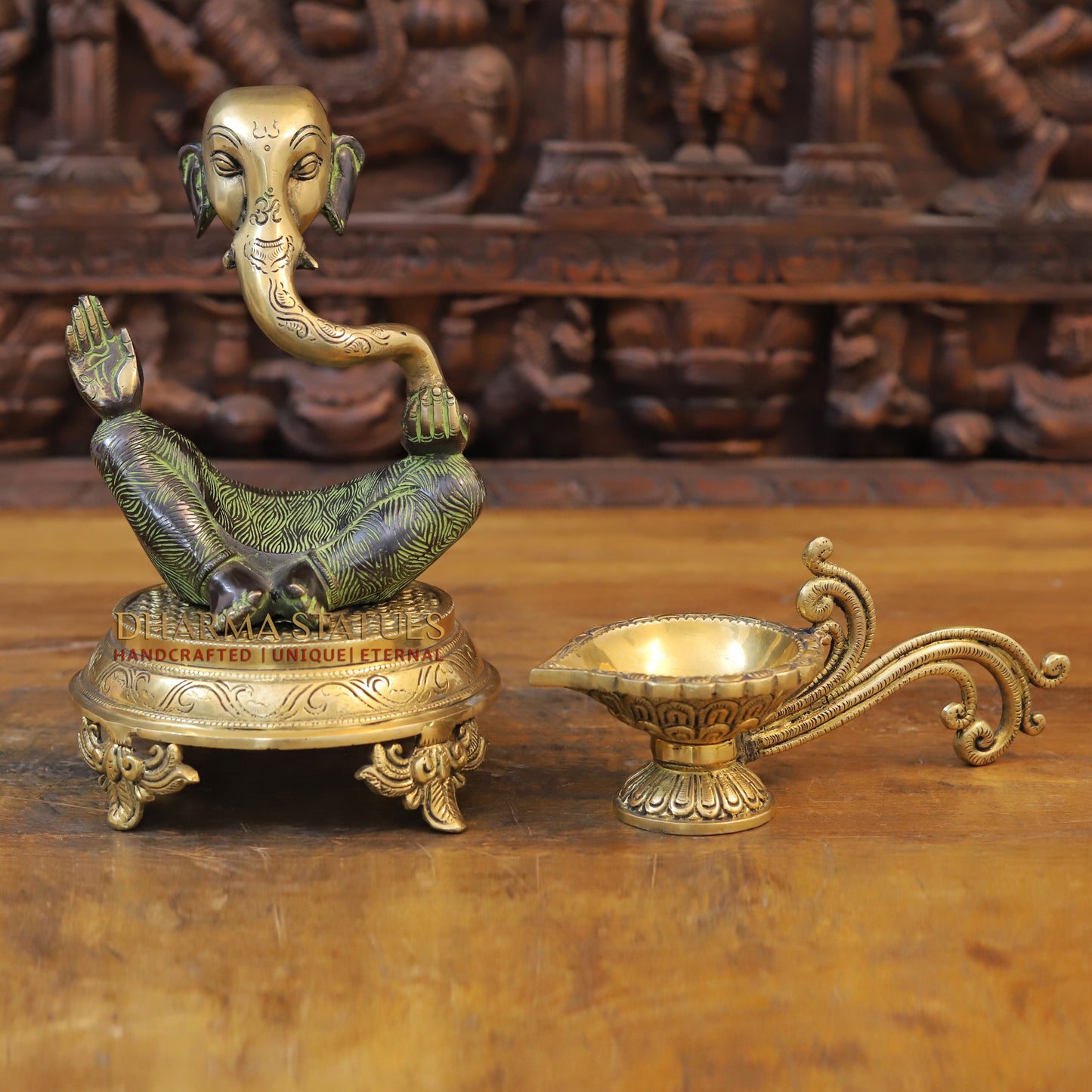 Brass Modern Ganesh Statue, Green tint & Golden Finish, 8"
