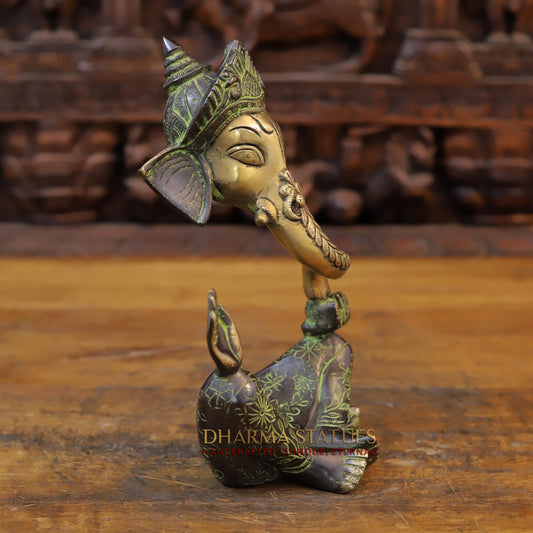 Brass Modern Ganesh, Golden Finish with Green Tint, 10"