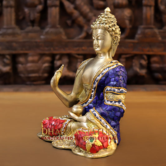 Brass Buddha seated in Blessing Posture, Stonework & Golden Finish, 10"