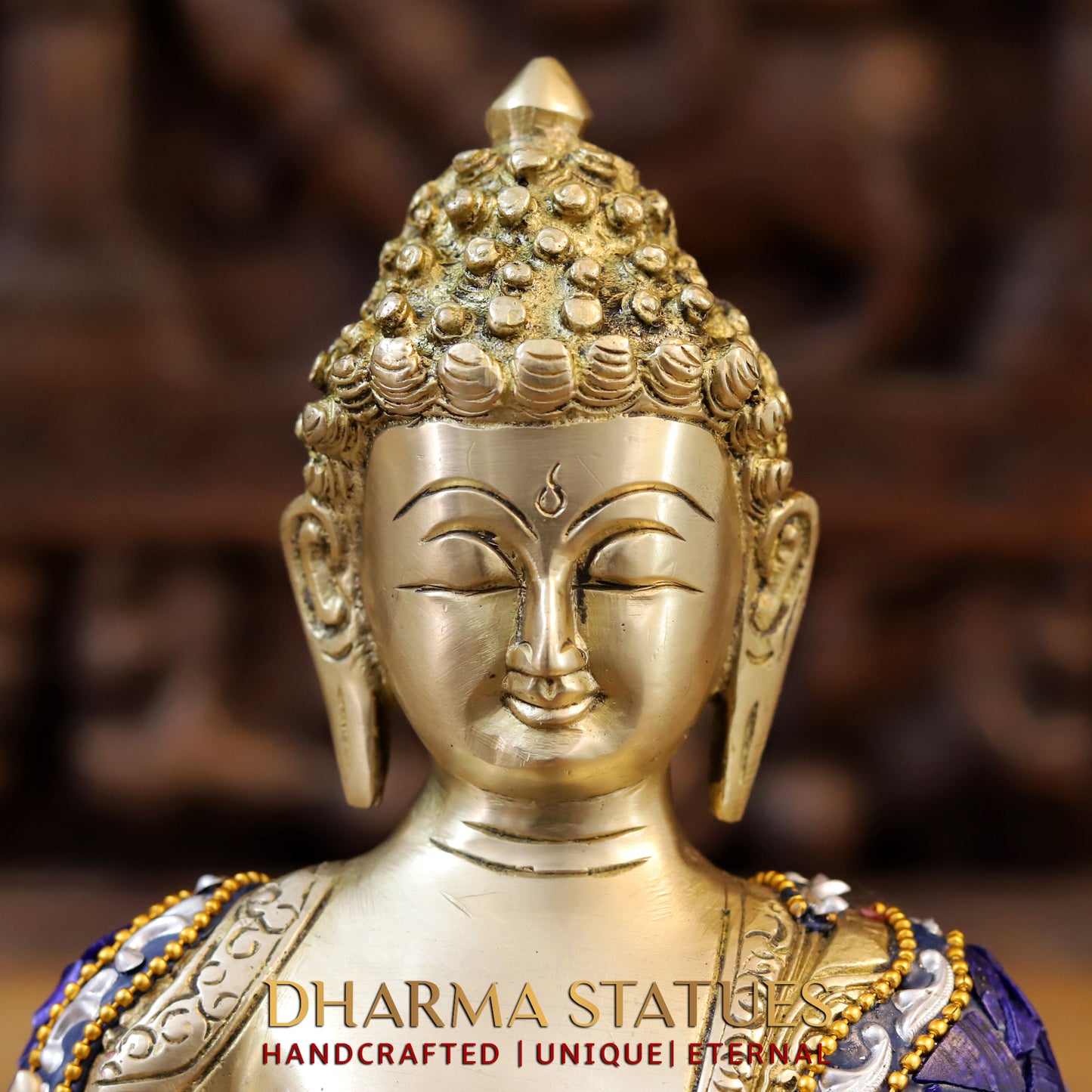 Brass Buddha seated in Blessing Posture, Stonework & Golden Finish, 10"