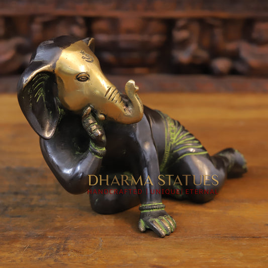Brass Crawling Ganesh, Golden & Copper Finish with Green tint, 7"