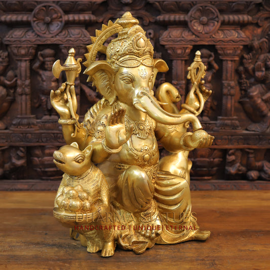 Brass Ganesh with Mushaka, Fine Golden Finish, 21"