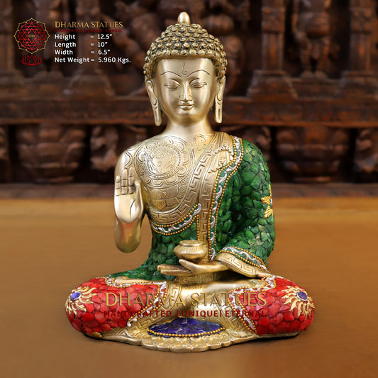 Brass Buddha seated in Blessing Posture, Stonework & Golden Finish, 12.5"