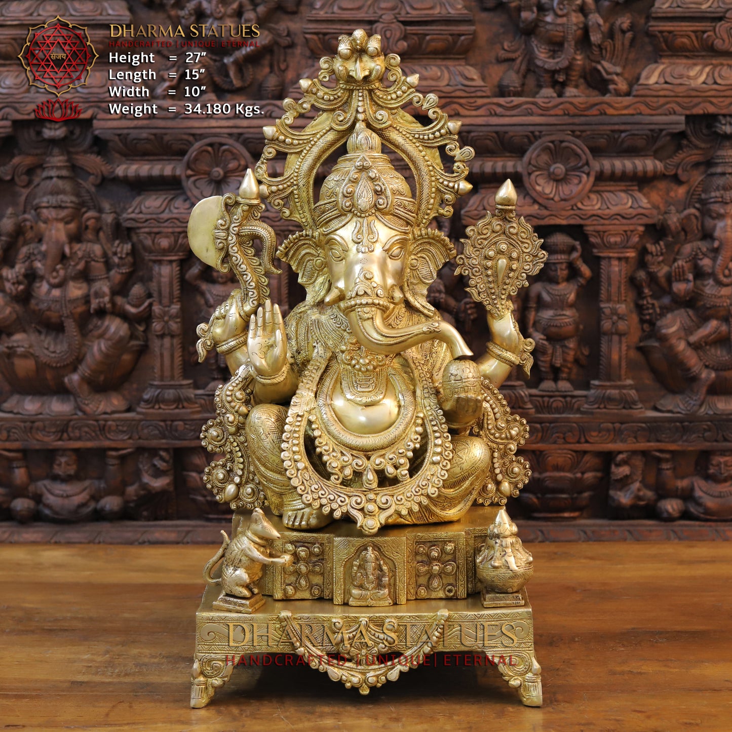 Brass Ganesh seated on Throne with Fine Carved jewelry, Golden Finish, 27"