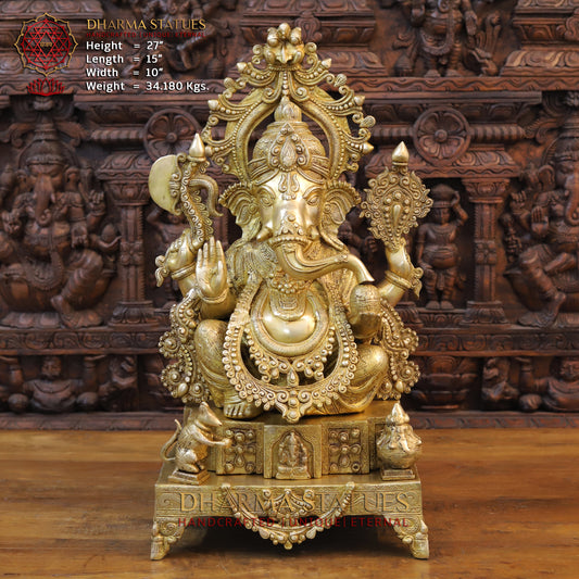 Brass Ganesh seated on Throne with Fine Carved jewelry, Golden Finish, 27"