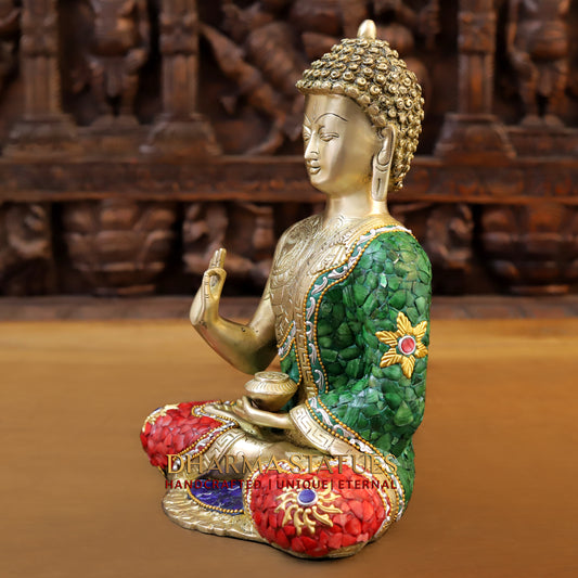 Brass Buddha seated in Blessing Posture, Stonework & Golden Finish, 12.5"