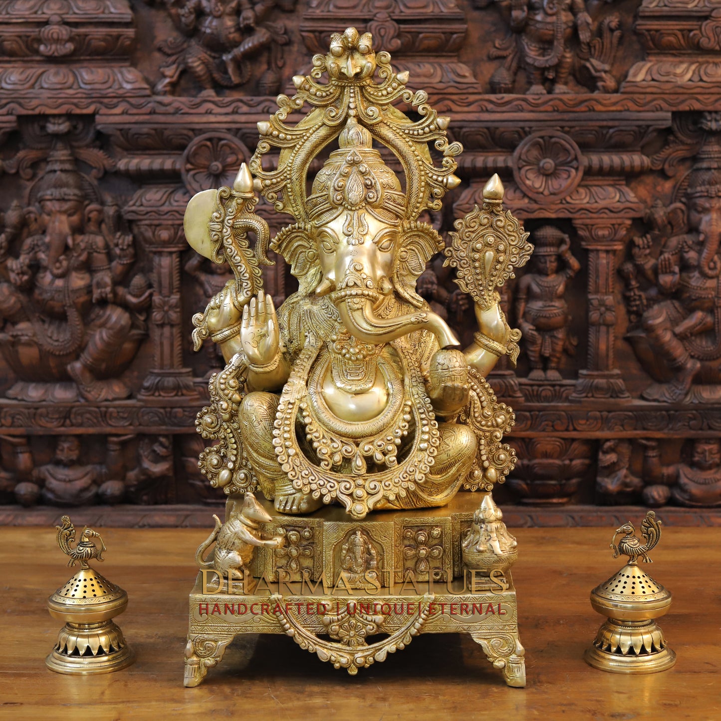 Brass Ganesh seated on Throne with Fine Carved jewelry, Golden Finish, 27"