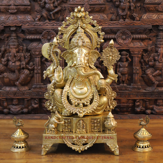 Brass Ganesh seated on Throne with Fine Carved jewelry, Golden Finish, 27"