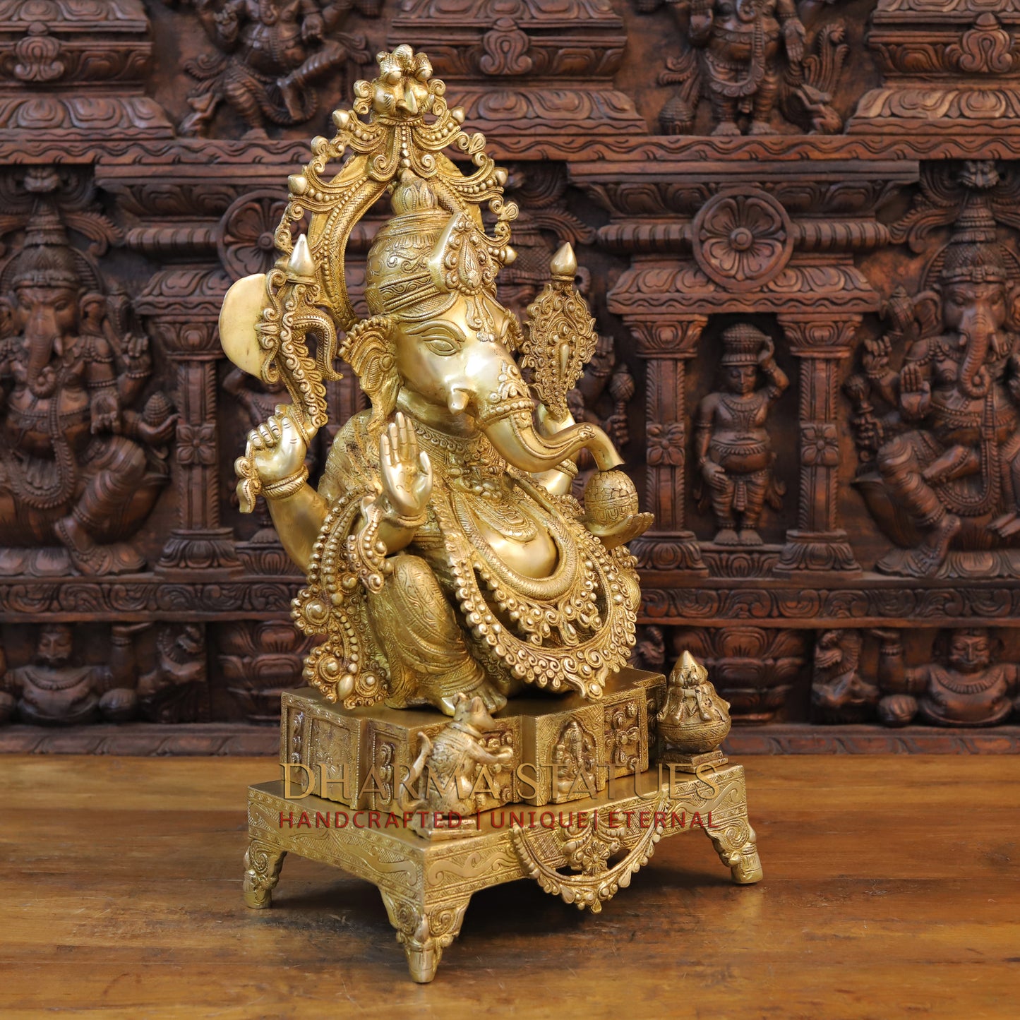 Brass Ganesh seated on Throne with Fine Carved jewelry, Golden Finish, 27"