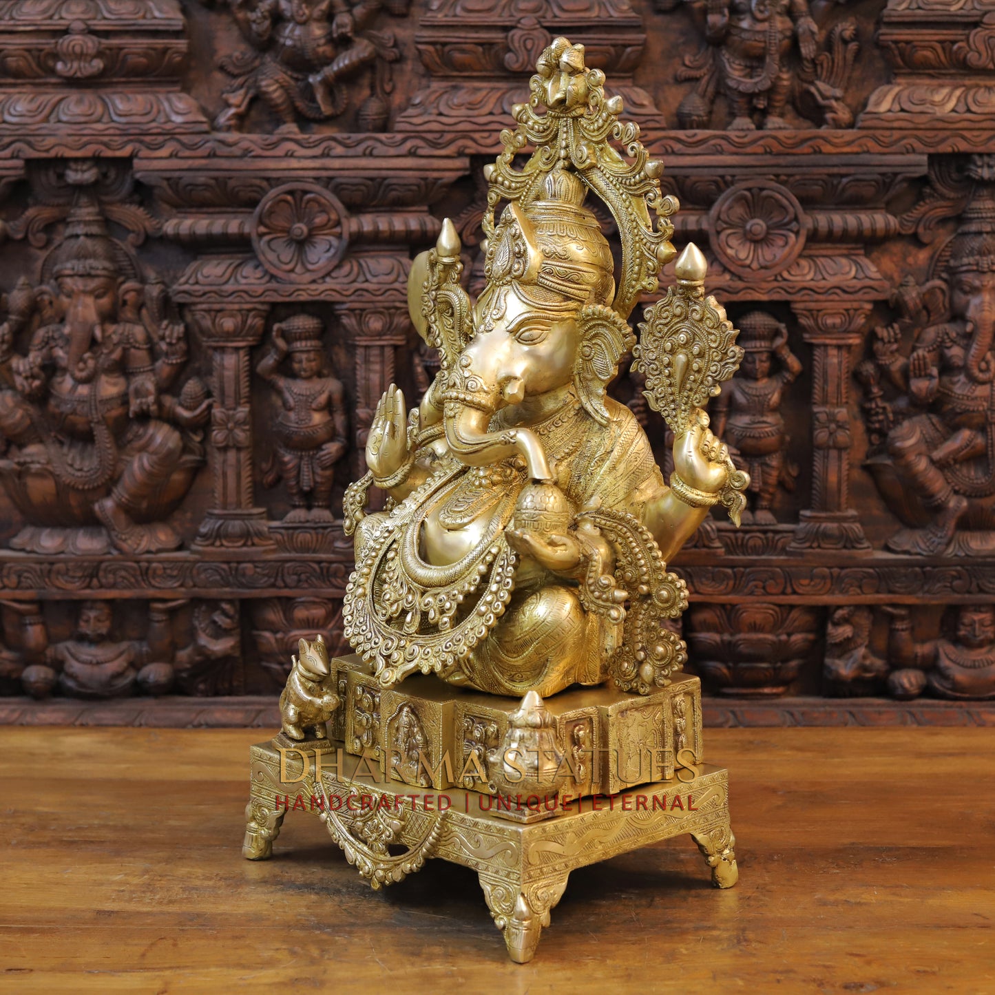 Brass Ganesh seated on Throne with Fine Carved jewelry, Golden Finish, 27"