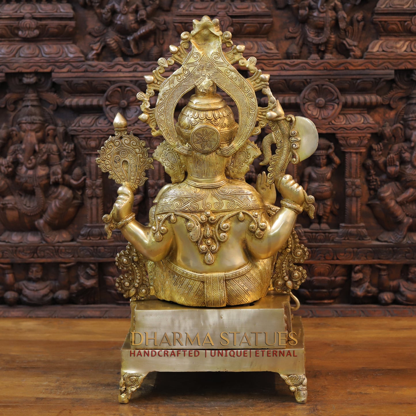 Brass Ganesh seated on Throne with Fine Carved jewelry, Golden Finish, 27"
