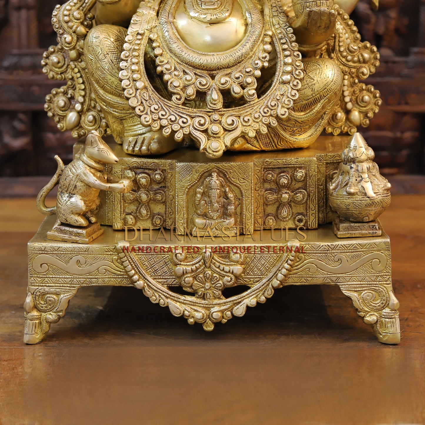 Brass Ganesh seated on Throne with Fine Carved jewelry, Golden Finish, 27"
