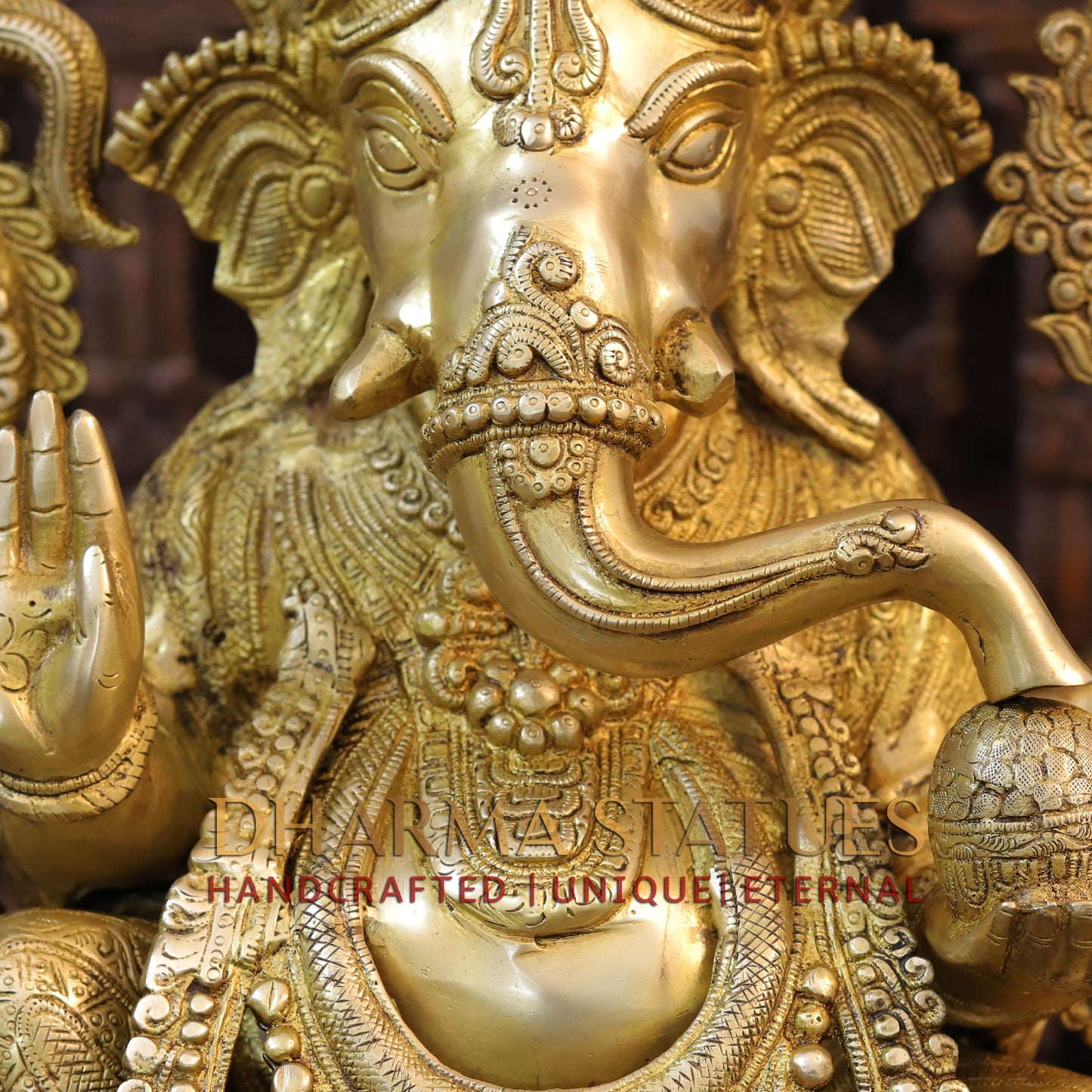 Brass Ganesh seated on Throne with Fine Carved jewelry, Golden Finish, 27"