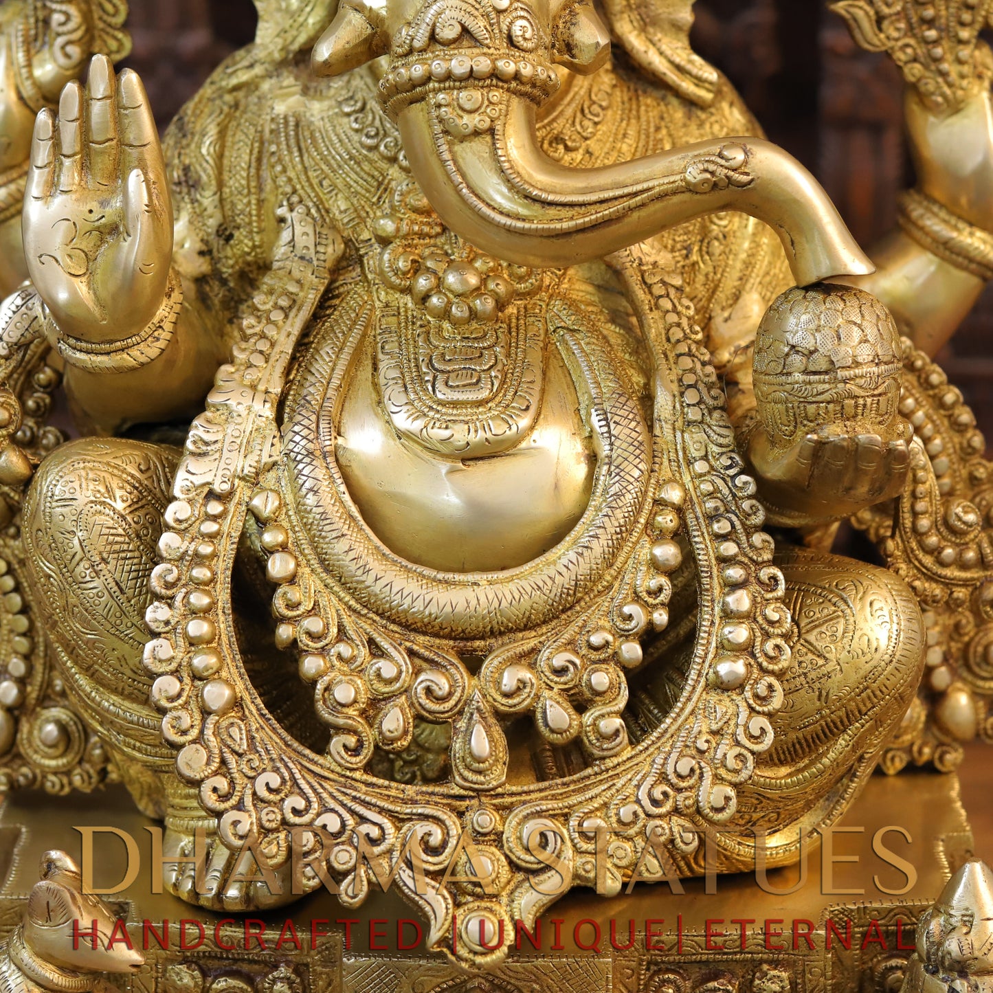 Brass Ganesh seated on Throne with Fine Carved jewelry, Golden Finish, 27"