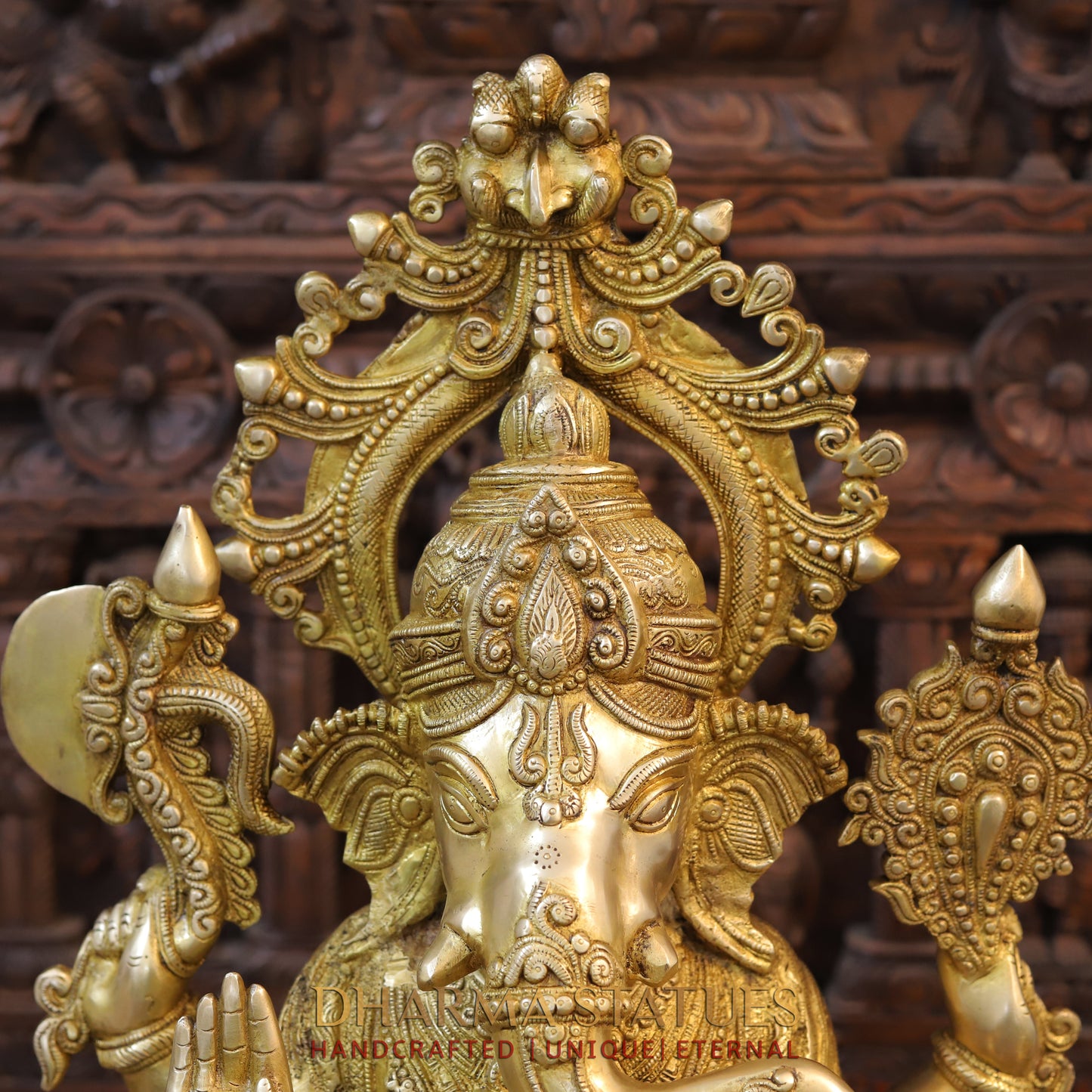Brass Ganesh seated on Throne with Fine Carved jewelry, Golden Finish, 27"