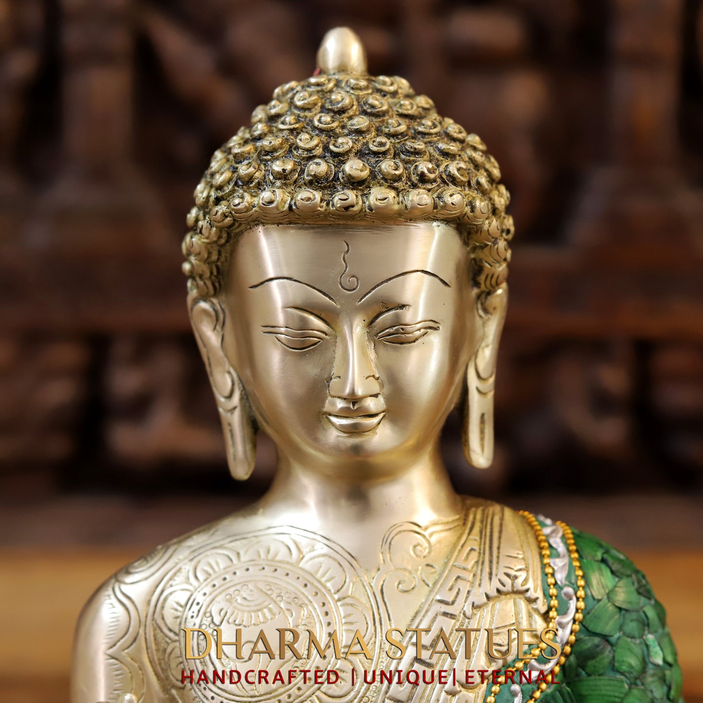 Brass Buddha seated in Blessing Posture, Stonework & Golden Finish, 12.5"