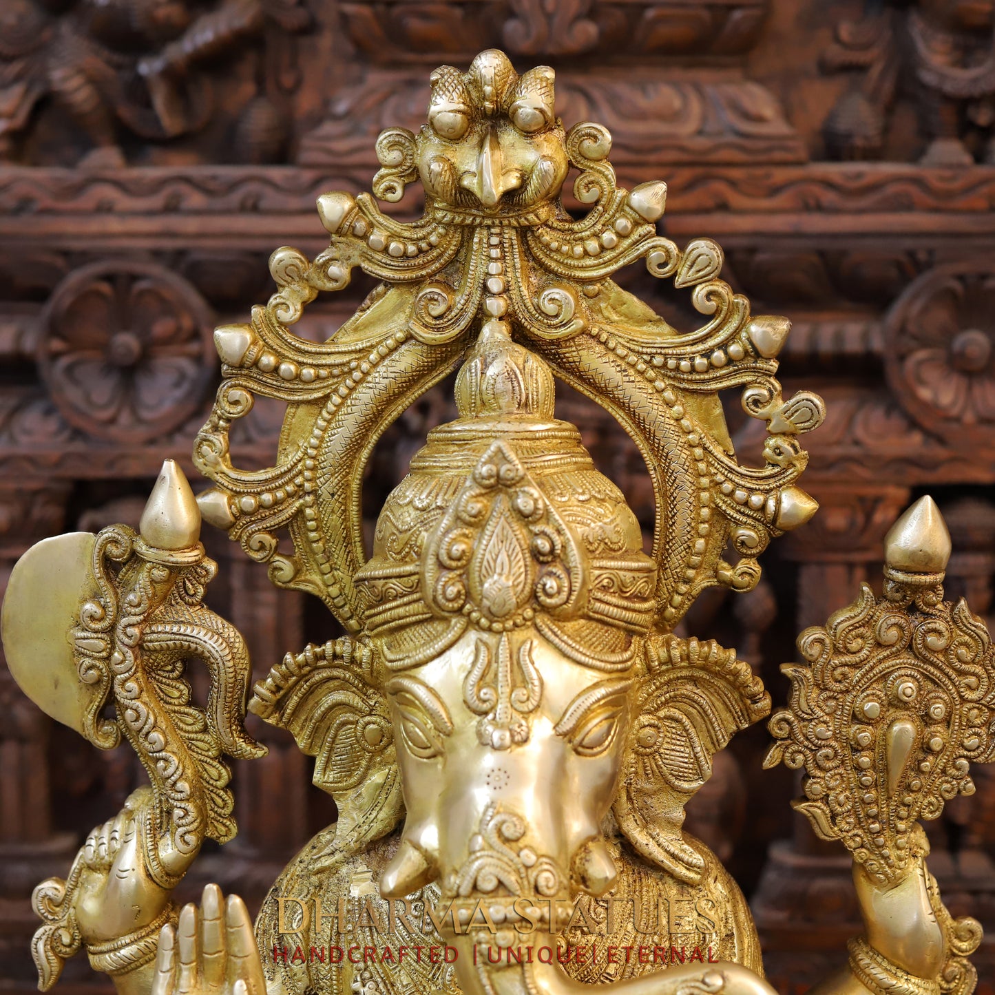 Brass Ganesh seated on Throne with Fine Carved jewelry, Golden Finish, 27"