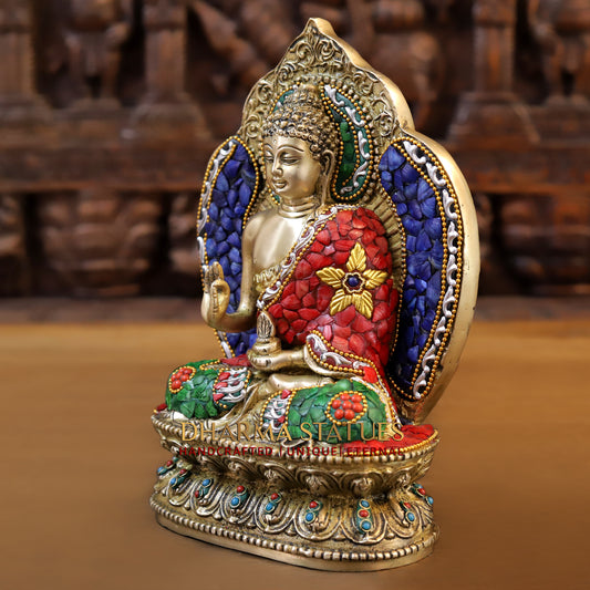 Brass Buddha seated in Blessing Posture, Stonework & Golden Finish, 10.5"