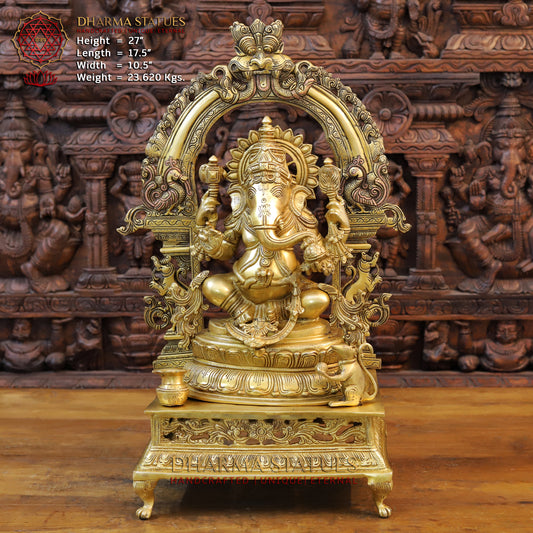 Brass Ganesh Seated on Throne with Frame, Fine Golden Frame, 27"