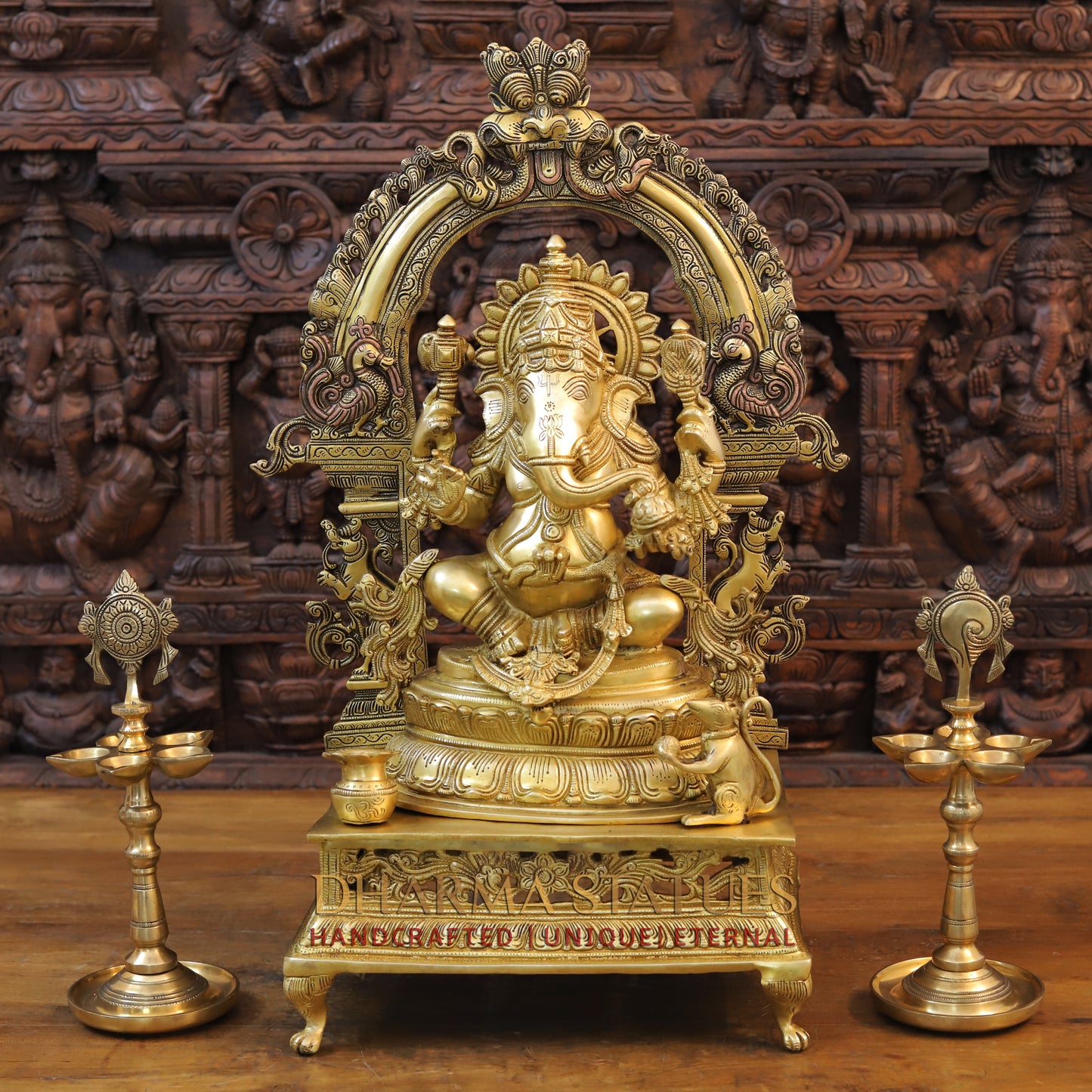 Brass Ganesh Seated on Throne with Frame, Fine Golden Frame, 27"