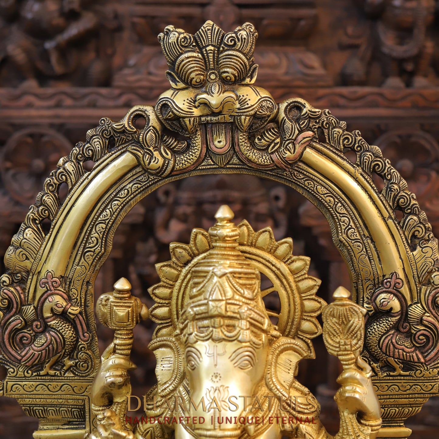 Brass Ganesh Seated on Throne with Frame, Fine Golden Frame, 27"