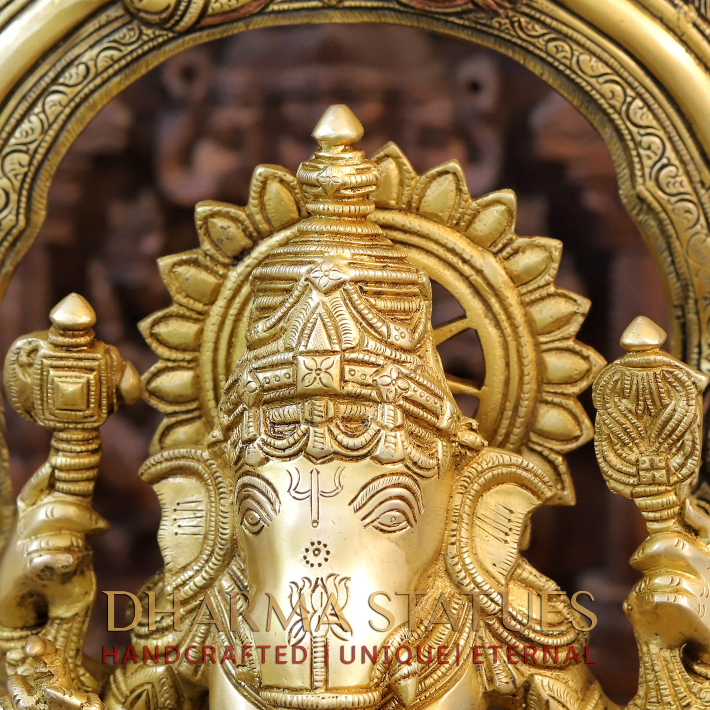 Brass Ganesh Seated on Throne with Frame, Fine Golden Frame, 27"
