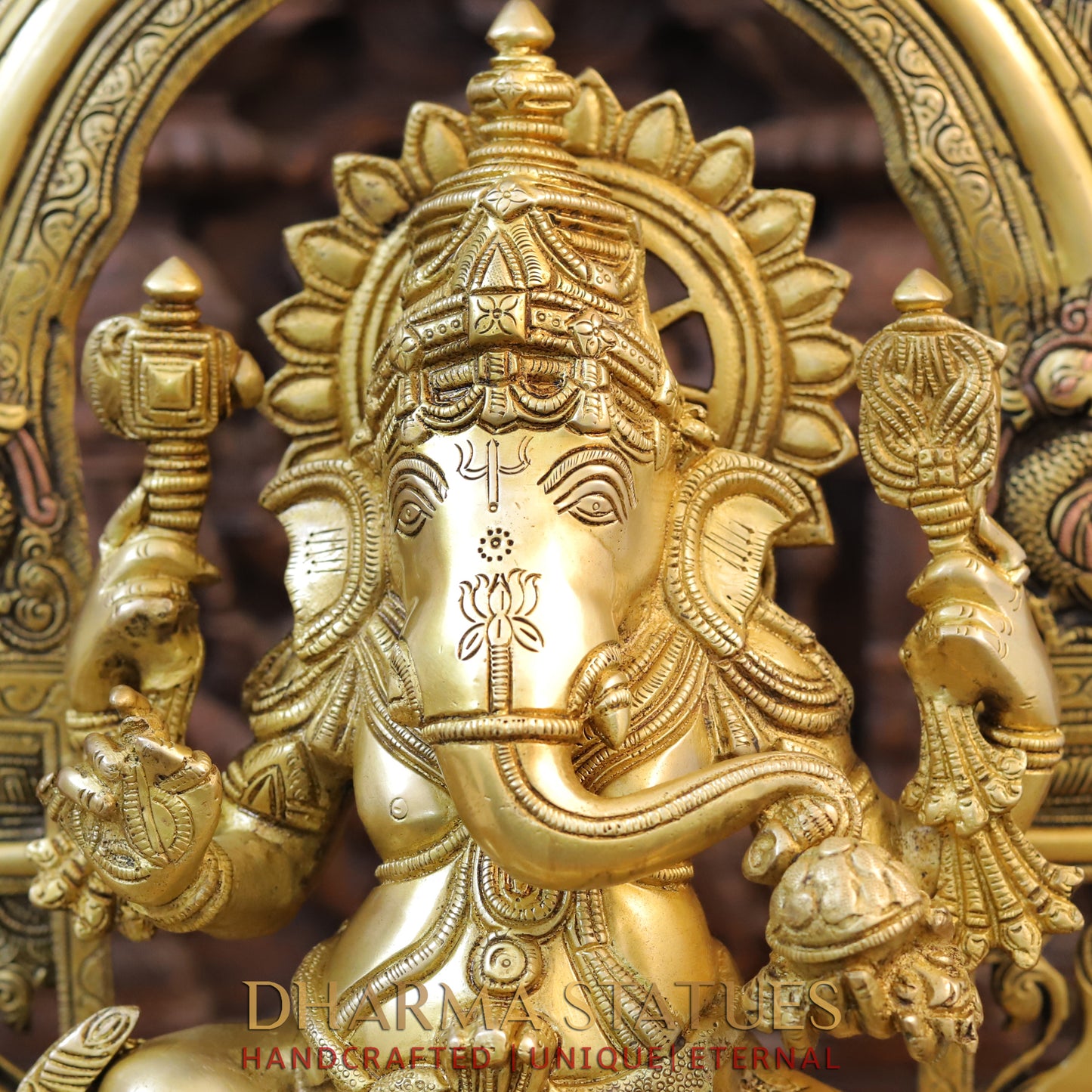 Brass Ganesh Seated on Throne with Frame, Fine Golden Frame, 27"
