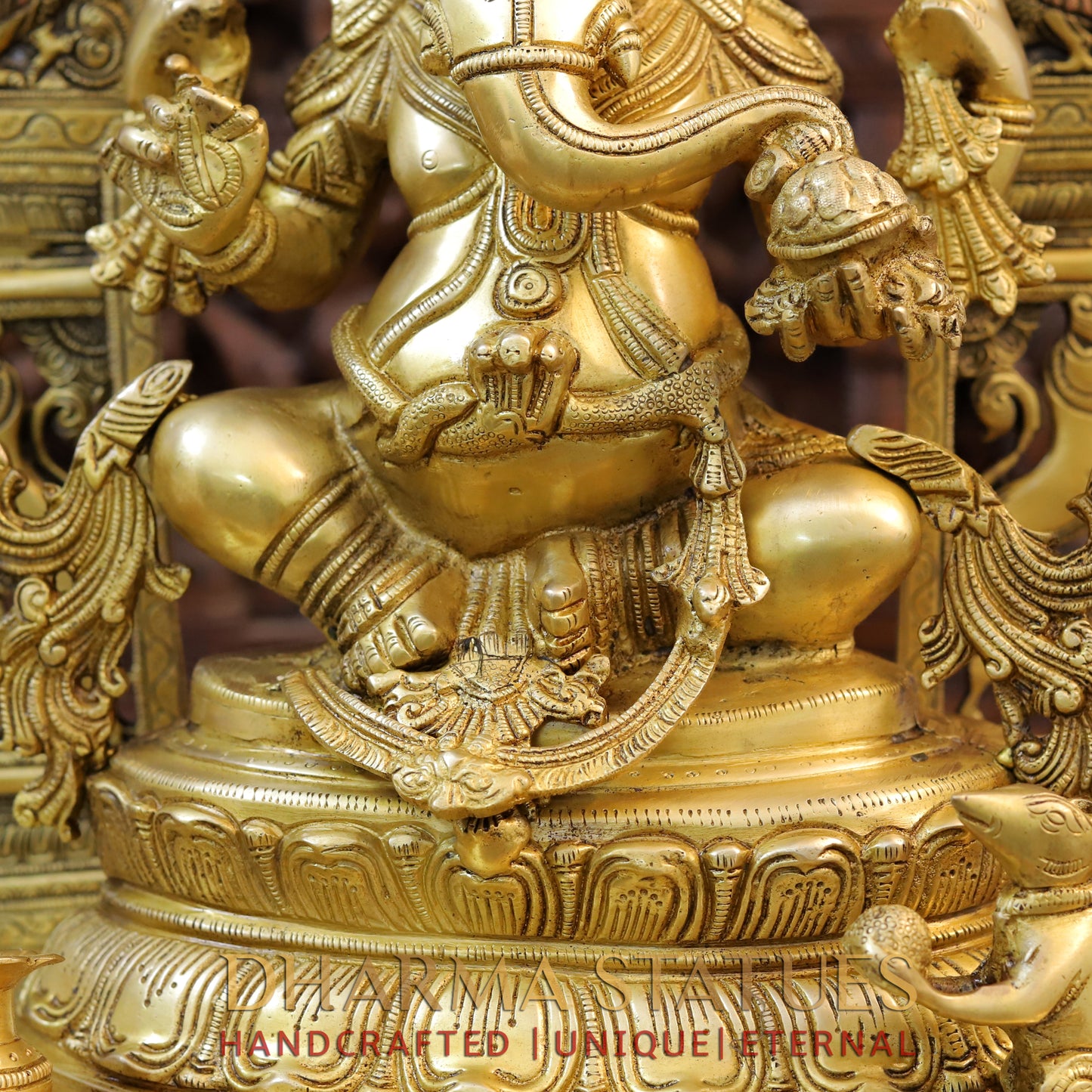 Brass Ganesh Seated on Throne with Frame, Fine Golden Frame, 27"