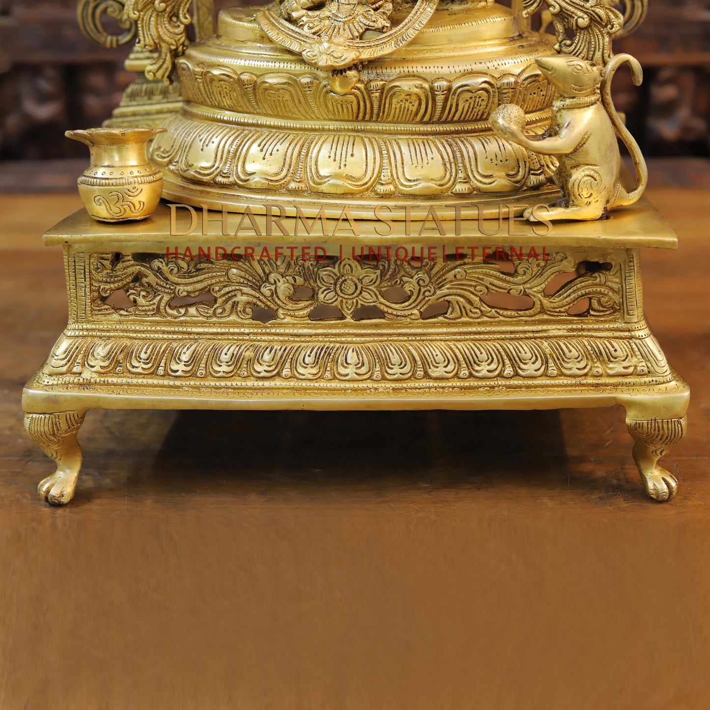 Brass Ganesh Seated on Throne with Frame, Fine Golden Frame, 27"