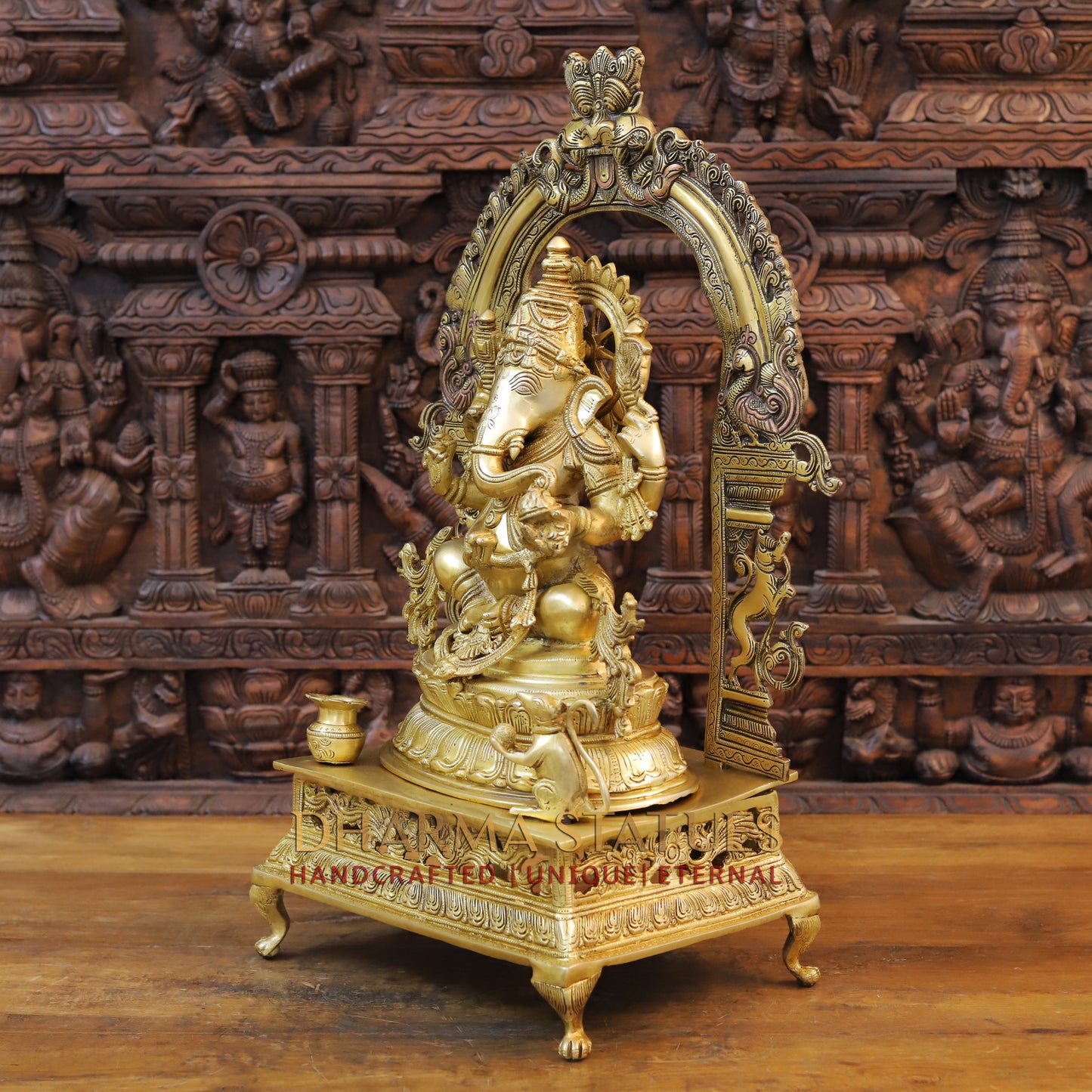 Brass Ganesh Seated on Throne with Frame, Fine Golden Frame, 27"
