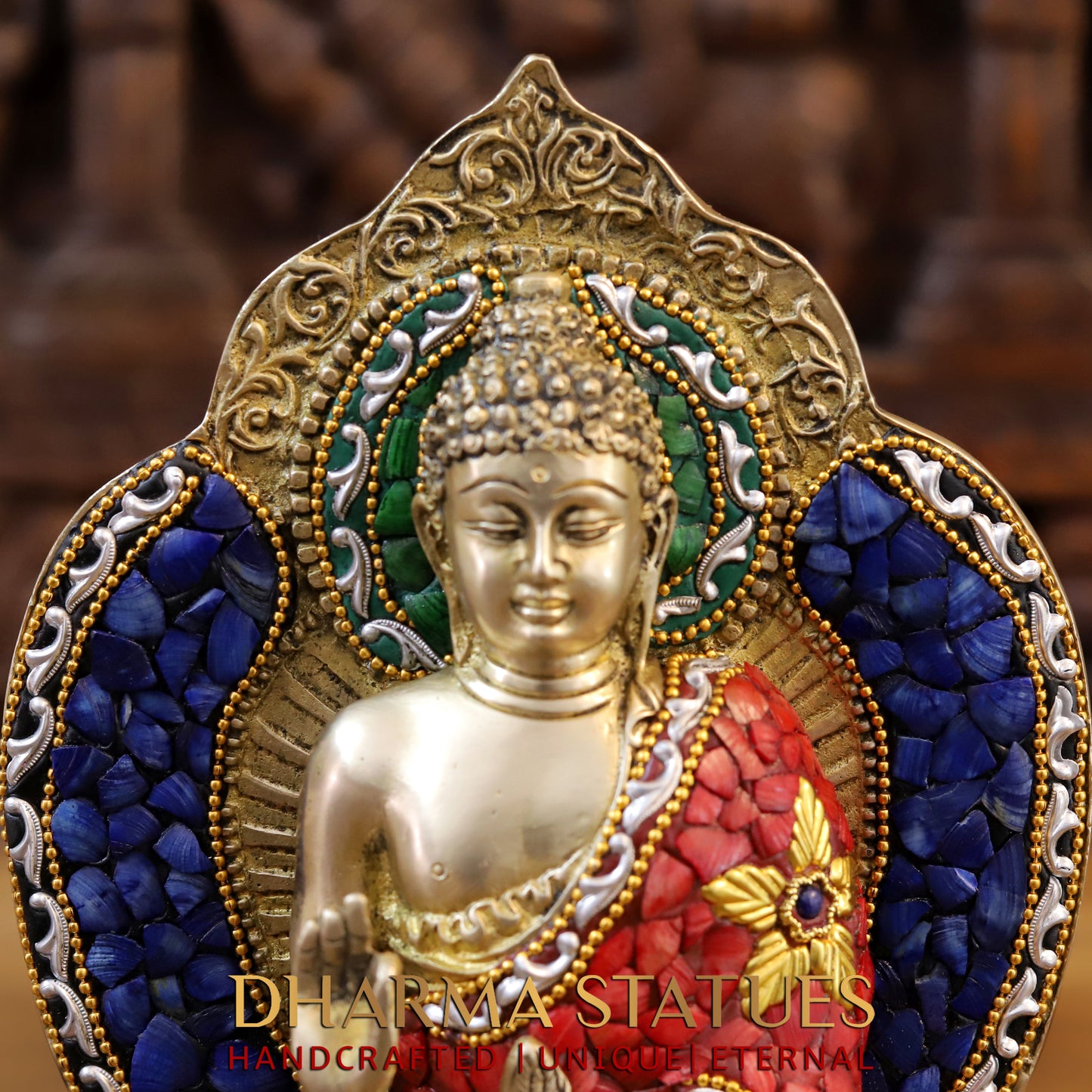 Brass Buddha seated in Blessing Posture, Stonework & Golden Finish, 10.5"