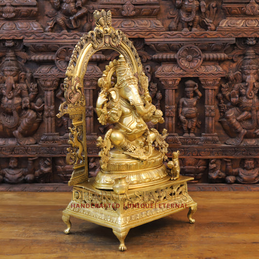 Brass Ganesh Seated on Throne with Frame, Fine Golden Frame, 27"