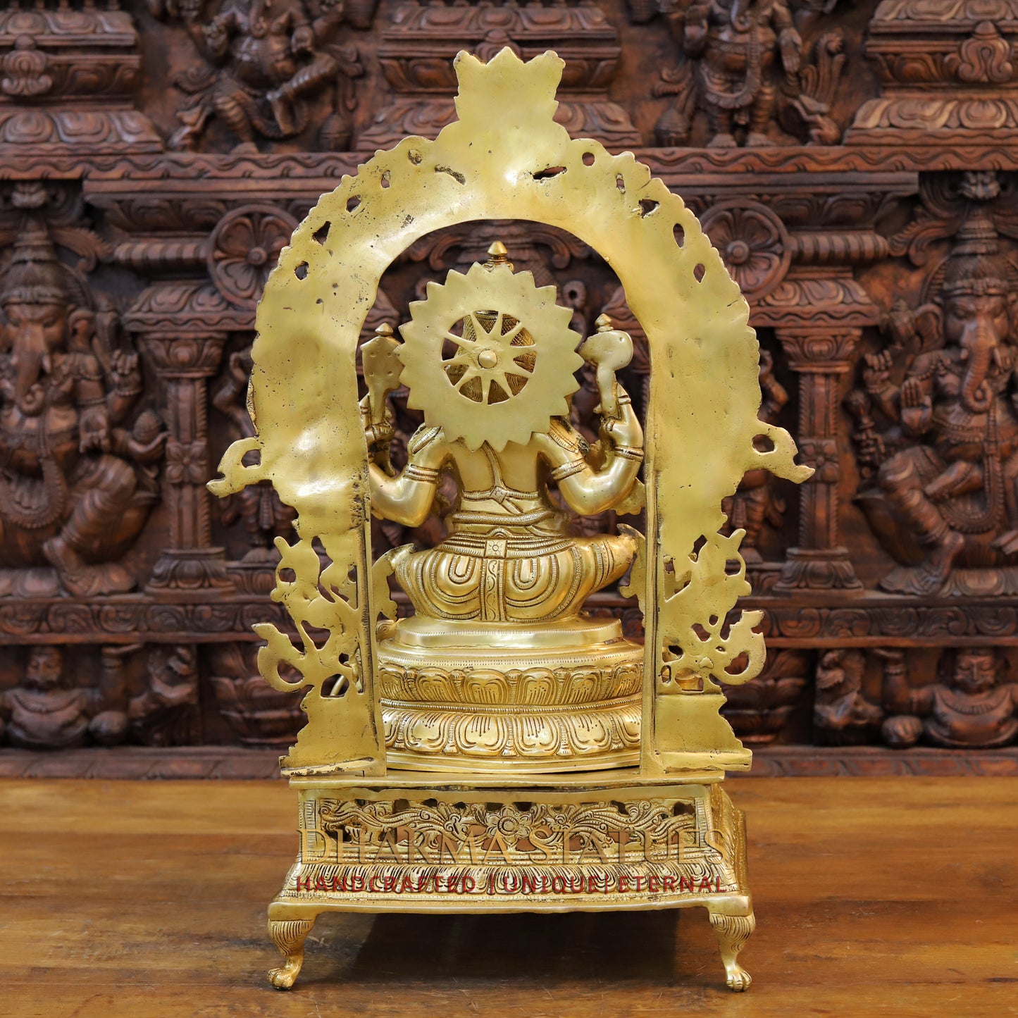 Brass Ganesh Seated on Throne with Frame, Fine Golden Frame, 27"