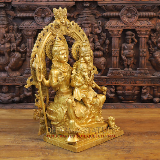 Brass Shiva Family with Ganesh &  Parvati on Kailash Mountain, Fine Golden Finish, 22"