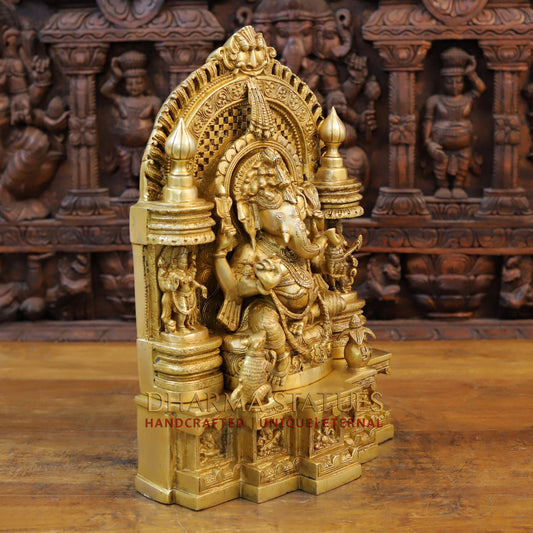 Brass Laxshmi & Ganesh Seated in Temple with rat, Special Gold, 18.5"