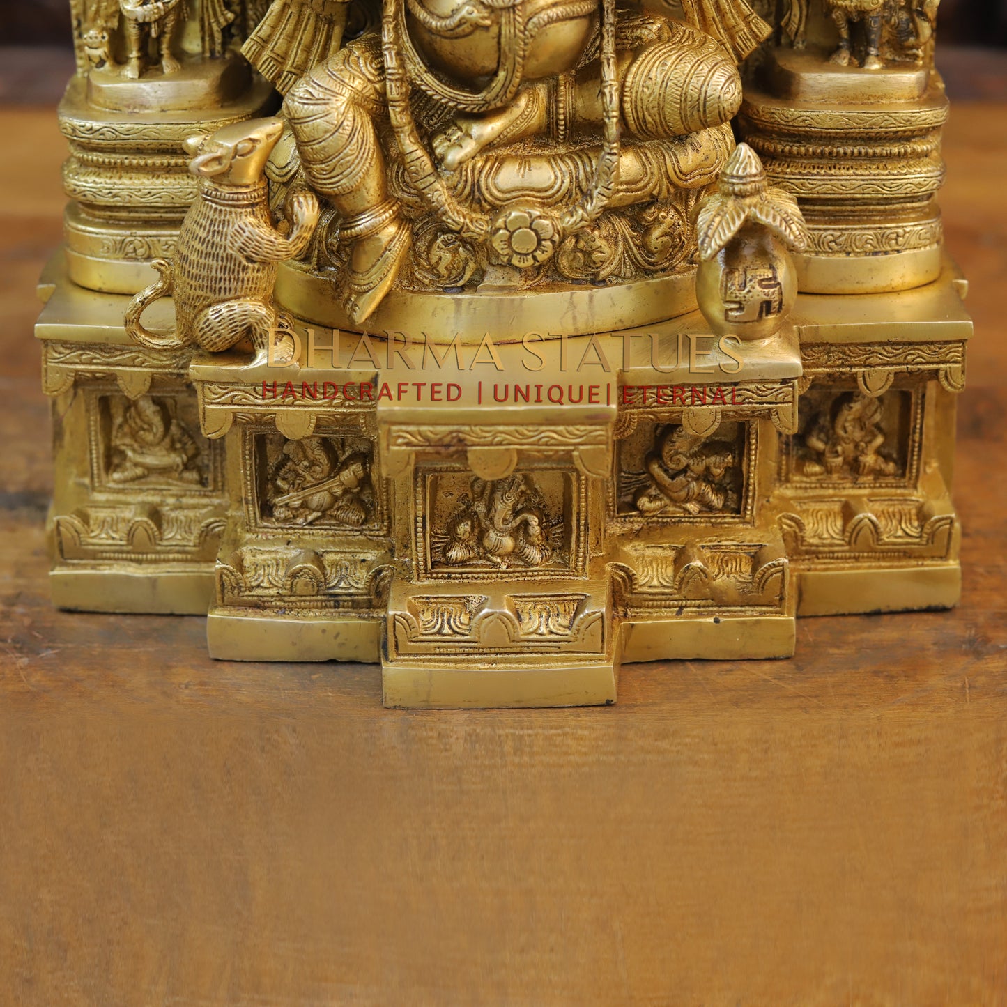 Brass Ganesh seated in Temple with rat And Kalash, Special Gold, 18.5"